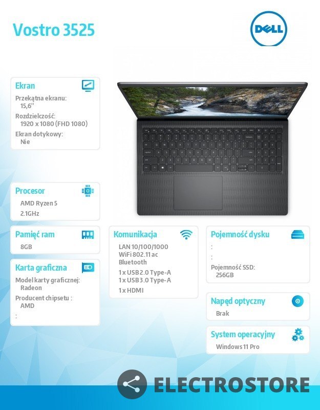 Dell Notebook Vostro 3525 Win11Pro Ryzen 5 5500U/8GB/256GB SSD/15.6 FHD/AMD Radeon/FgrPr/Cam & Mic/WLAN + BT/Backlit Kb/3 Cell/3Y Pro