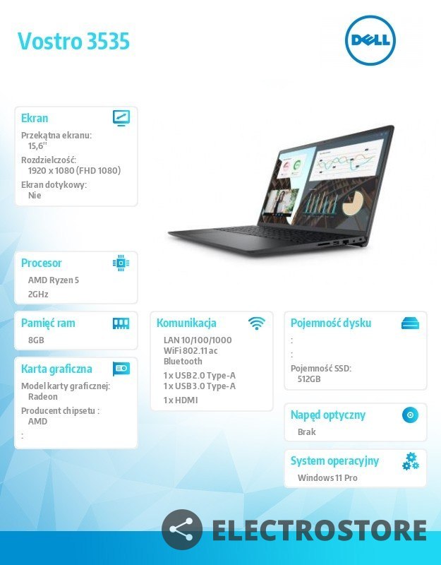 Dell Notebook Vostro 3535 Win11Pro Ryzen 5 7530U/8GB/512GB SSD/15.6 FHD/AMD Radeon/FgrPr/Cam & Mic/WLAN + BT/Backlit Kb/3 Cell/3Y Pro Dell Notebook Vostro 3535 Win11Pro Ryzen 5 7530U/8GB/512GB SSD/15.6 FHD/AMD Radeon/FgrPr/Cam & Mic/WLAN + BT/Backlit Kb/3 Cell/3Y Pro