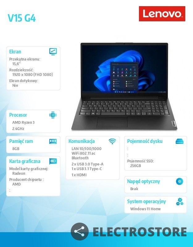 Lenovo Laptop V15 G4 82YU00UNPB W11Home 7320U/8GB/256GB/AMD Radeon/15.6 FHD/Black/3YRS OS Lenovo Laptop V15 G4 82YU00UNPB W11Home 7320U/8GB/256GB/AMD Radeon/15.6 FHD/Black/3YRS OS
