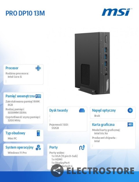 MSI Komputer PRO DP10 13M-04SEU W11P i5-1340P/8GB/512GB/1.9GHz MSI Komputer PRO DP10 13M-04SEU W11P i5-1340P/8GB/512GB/1.9GHz