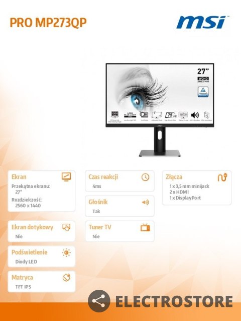 MSI Monitor 27 cali PRO MP273QP FLAT/IPS/WQHD/75Hz/4ms MSI Monitor 27 cali PRO MP273QP FLAT/IPS/WQHD/75Hz/4ms