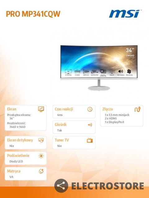 MSI Monitor 34 cale PRO MP341CQW CURVED/VA/UWQHD/100Hz MSI Monitor 34 cale PRO MP341CQW CURVED/VA/UWQHD/100Hz