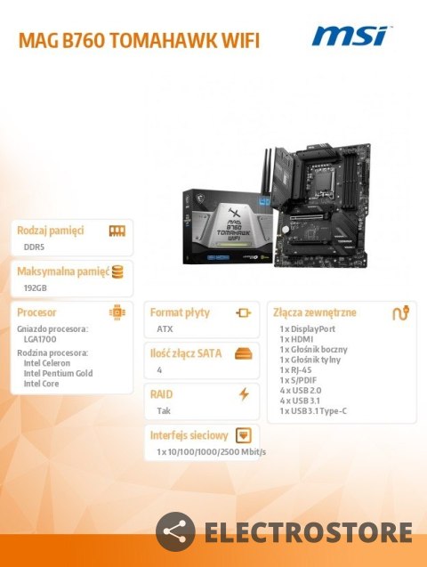 MSI Płyta główna MAG B760 TOMAHAWK WIFI s1700 4DDR5 DP/HDMI ATX MSI Płyta główna MAG B760 TOMAHAWK WIFI s1700 4DDR5 DP/HDMI ATX