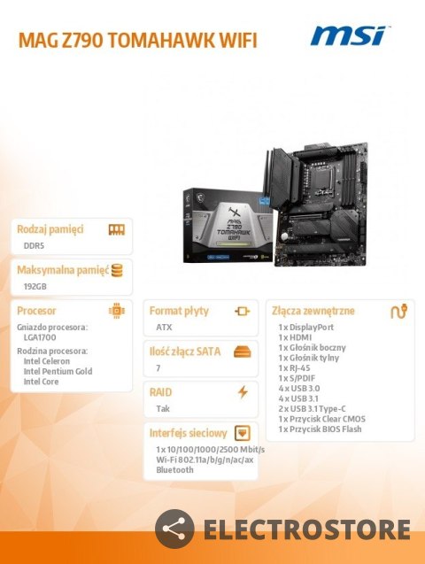 MSI Płyta główna MAG Z790 TOMAHAWK WIFI s1700 4DDR5 DP/HDMI ATX MSI Płyta główna MAG Z790 TOMAHAWK WIFI s1700 4DDR5 DP/HDMI ATX