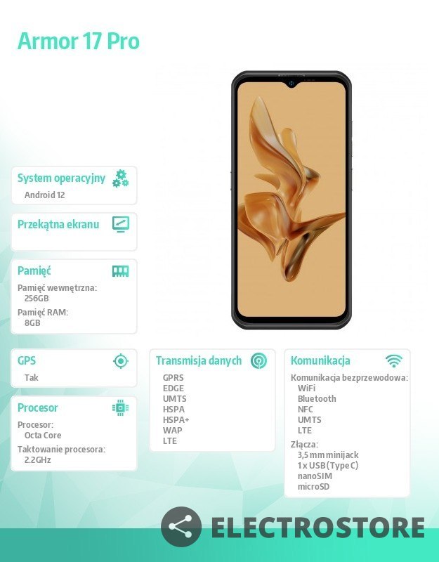 ULEFONE Smartfon Armor 17 Pro 8GB/256GB IP68/IP69K 5280mAh DualSIM Czarny ULEFONE Smartfon Armor 17 Pro 8GB/256GB IP68/IP69K 5280mAh DualSIM Czarny