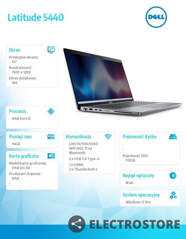 Dell Notebook Latitude 5440/Core i5-1345U/16GB/512GB SSD/14.0 FHD/Integrated/FgrPr & SmtCd/FHD/IR Cam/Mic/WLAN + BT/Backlit Kb/3 Cell Dell Notebook Latitude 5440/Core i5-1345U/16GB/512GB SSD/14.0 FHD/Integrated/FgrPr & SmtCd/FHD/IR Cam/Mic/WLAN + BT/Backlit Kb/3 Cell