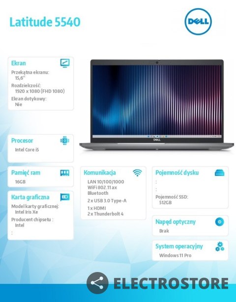 Dell Notebook Latitude 5540 Win11Pro i5-1335U/16GB/512GB SSD/15.6 FHD/Integrated/FgrPr & SmtCd/FHD/IR Cam/Mic/WLAN + BT/Backlit Kb/3 Dell Notebook Latitude 5540 Win11Pro i5-1335U/16GB/512GB SSD/15.6 FHD/Integrated/FgrPr & SmtCd/FHD/IR Cam/Mic/WLAN + BT/Backlit Kb/3