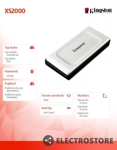Kingston Dysk SSD XS2000 500GB USB3.2 Gen2.2 Zewnętrzny Kingston Dysk SSD XS2000 500GB USB3.2 Gen2.2 Zewnętrzny