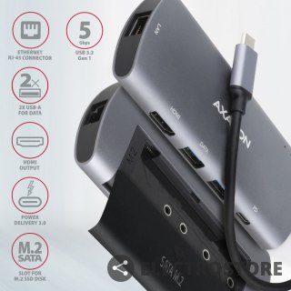 AXAGON HMC-6M2 Wieloportowy hub USB-C 3.2 Gen 1, slot M.2 SATA + HDMI + GLAN + 2x USB-A + PD 100W