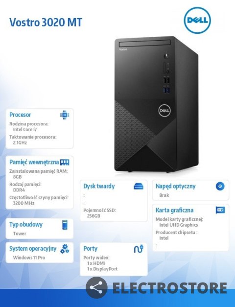 Dell Komputer Vostro 3020 MT Win11Pro i7-13700/8GB/256GB SSD/Intel UHD 770/DVD RW/WLAN + BT/Kb/Mouse/3YPS Dell Komputer Vostro 3020 MT Win11Pro i7-13700/8GB/256GB SSD/Intel UHD 770/DVD RW/WLAN + BT/Kb/Mouse/3YPS