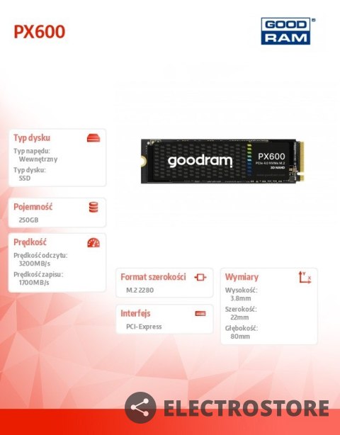 GOODRAM Dysk SSD PX600 250GB M.2 PCIe 4x4 NVMe 2280 GOODRAM Dysk SSD PX600 250GB M.2 PCIe 4x4 NVMe 2280