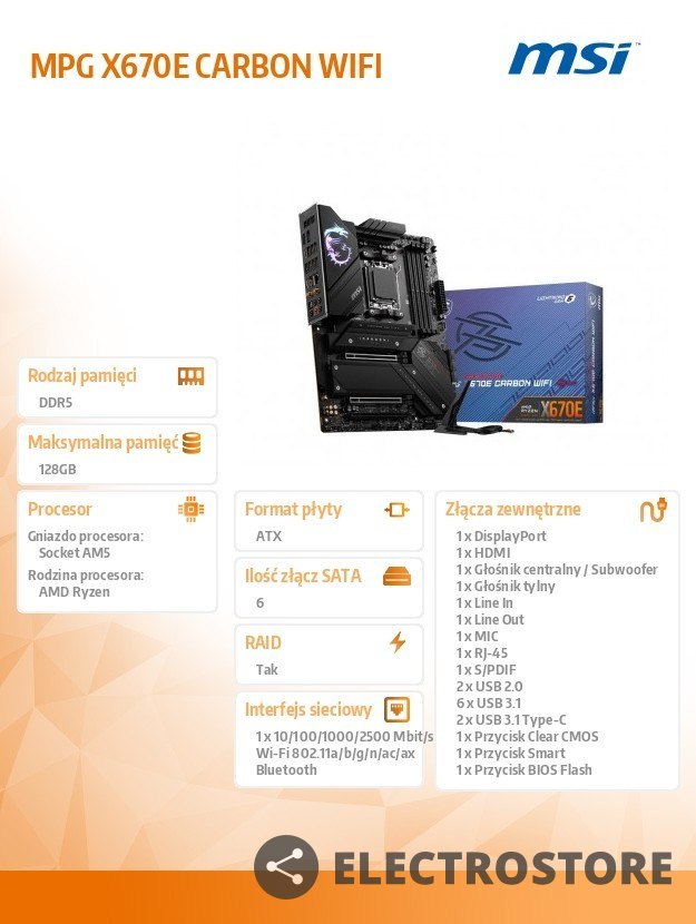 MSI Płyta główna MPG X670E CARBON WIFI AM5 4DDR5 HDMI/DP ATX