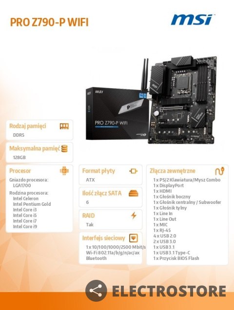 MSI Płyta główna PRO Z790-P WIFI s1700 4DDR5 HDMI/DP ATX MSI Płyta główna PRO Z790-P WIFI s1700 4DDR5 HDMI/DP ATX