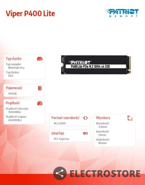 Patriot Dysk SSD 500GB Viper P400 Lite 3500/2400MB/s PCIe M.2 Gen 4x4 NVMe1.4 Patriot Dysk SSD 500GB Viper P400 Lite 3500/2400MB/s PCIe M.2 Gen 4x4 NVMe1.4