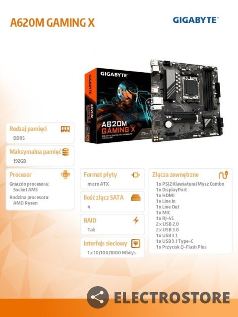 Gigabyte Płyta główna A620M GAMING X AM5 4DDR5 HDMI/DP M.2 mATX Gigabyte Płyta główna A620M GAMING X AM5 4DDR5 HDMI/DP M.2 mATX