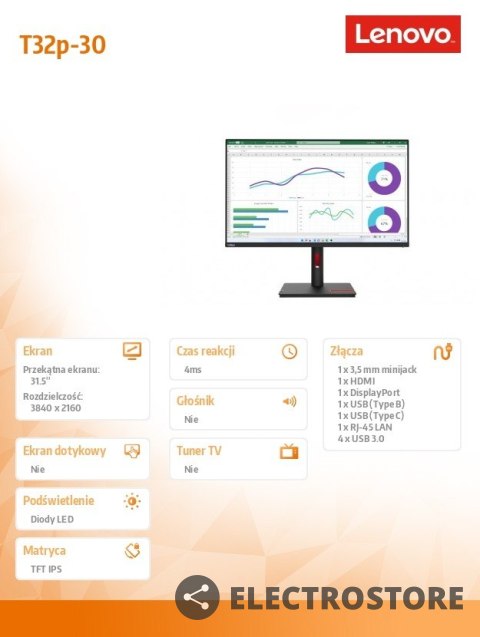 Lenovo Monitor 31,5 cali ThinkVision T32p-30 63D2GAT1EU Lenovo Monitor 31,5 cali ThinkVision T32p-30 63D2GAT1EU