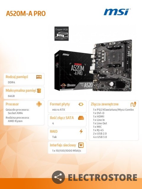 MSI Płyta główna A520M-A PRO AM4 2DDR4 DVI/HDMI USB 3.2 mATX MSI Płyta główna A520M-A PRO AM4 2DDR4 DVI/HDMI USB 3.2 mATX