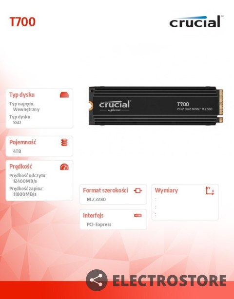 Crucial Dysk SSD T700 4TB M.2 NVMe 2280 PCIe 5.0 12400/11800 Radiator Crucial Dysk SSD T700 4TB M.2 NVMe 2280 PCIe 5.0 12400/11800 Radiator