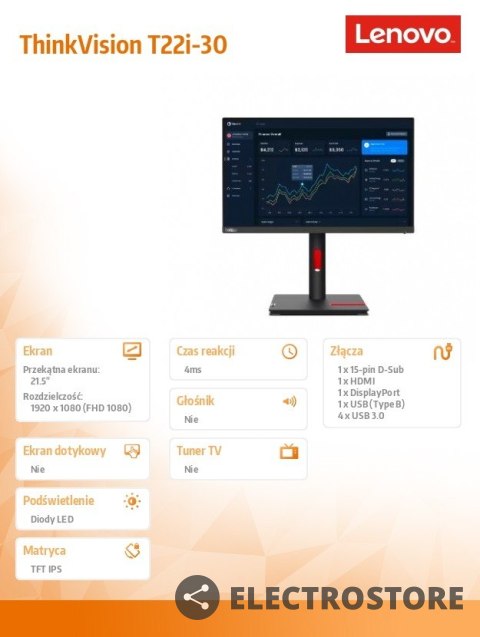 Lenovo Monitor 21.5 cala ThinkVision T22i-30 WLED LCD 63B0MAT6EU Lenovo Monitor 21.5 cala ThinkVision T22i-30 WLED LCD 63B0MAT6EU
