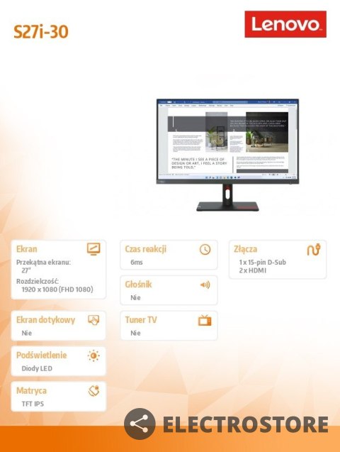 Lenovo Monitor ThinkVision S27i-30 27 cali 63DFKAT4EU Lenovo Monitor ThinkVision S27i-30 27 cali 63DFKAT4EU