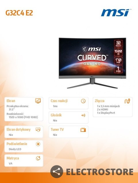 MSI Monitor 31,5 cali Optix G32C4 E2 31.5 Curved/LED/FHD/170Hz MSI Monitor 31,5 cali Optix G32C4 E2 31.5 Curved/LED/FHD/170Hz