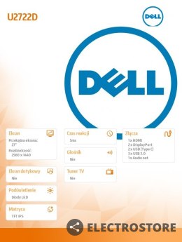 Dell Monitor U2722D_WOST 27 cali LED 2560x1440/HDMI/DP/USB-C/No Stand/3Y