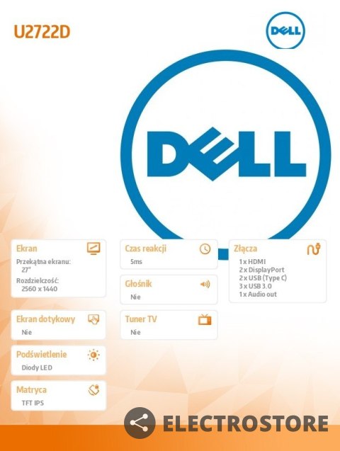 Dell Monitor U2722D_WOST 27 cali LED 2560x1440/HDMI/DP/USB-C/No Stand/3Y Dell Monitor U2722D_WOST 27 cali LED 2560x1440/HDMI/DP/USB-C/No Stand/3Y