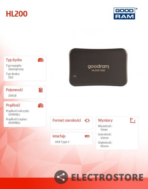 GOODRAM Dysk SSD HL200 256GB USB-C 3.2 Gen2 GOODRAM Dysk SSD HL200 256GB USB-C 3.2 Gen2