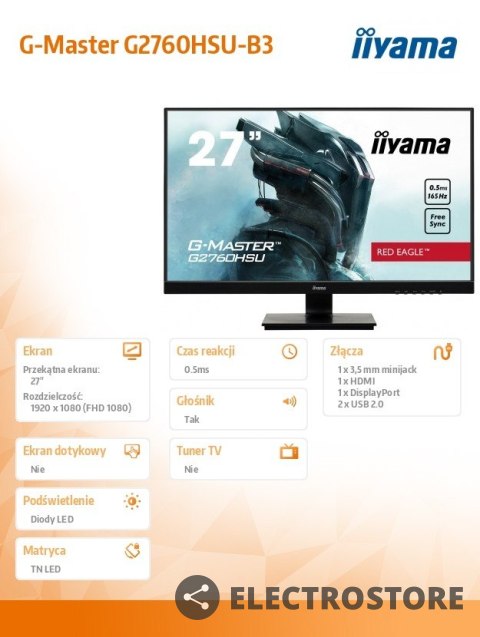 IIYAMA Monitor G-Master 27 cali G2760HSU-B3 TN,165Hz,0.5ms,400cd/m2,HDMI,DP,USB IIYAMA Monitor G-Master 27 cali G2760HSU-B3 TN,165Hz,0.5ms,400cd/m2,HDMI,DP,USB