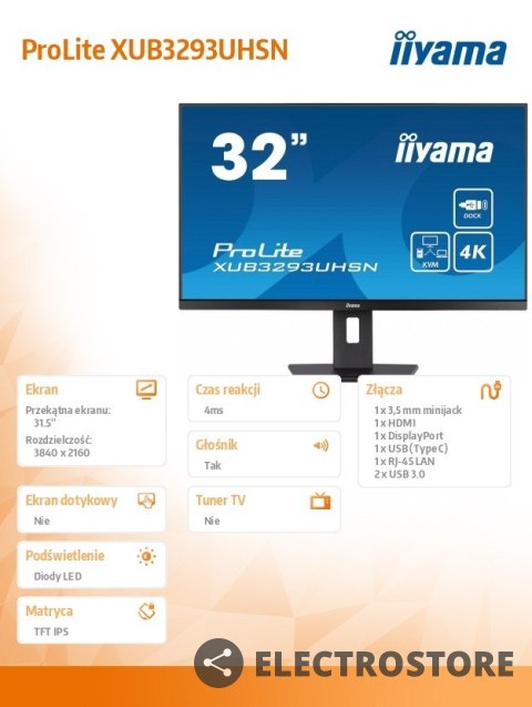 IIYAMA Monitor ProLite XUB3293UHSN 31.5 cala XUB3293UHSN-B5 IPS,4K,USB-C DOCK,KVM,SLIM,2x3W,RJ45 IIYAMA Monitor ProLite XUB3293UHSN 31.5 cala XUB3293UHSN-B5 IPS,4K,USB-C DOCK,KVM,SLIM,2x3W,RJ45