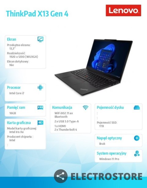 Lenovo Ultrabook ThinkPad X13 G4 21EX004BPB W11Pro i7-1355U/16GB/1TB/INT/13.3 WUXGA/Deep Black/3YRS Premier Support + CO2 Offset Lenovo Ultrabook ThinkPad X13 G4 21EX004BPB W11Pro i7-1355U/16GB/1TB/INT/13.3 WUXGA/Deep Black/3YRS Premier Support + CO2 Offset