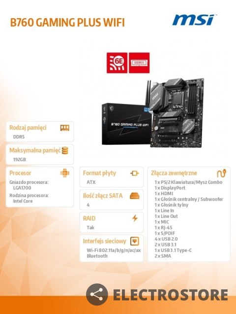 MSI Płyta główna B760 GAMING PLUS WIFI s1700 4DDR5 DP/HDMI ATX MSI Płyta główna B760 GAMING PLUS WIFI s1700 4DDR5 DP/HDMI ATX
