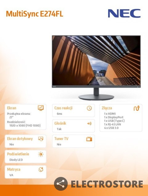 NEC Monitor MultiSync E274FL 27 cali USB-C HDMI czarny