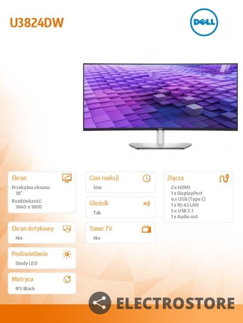 Dell Monitor zakrzywiony 38 cali U3824DW 21:9/3840x1600/3Y PPG Dell Monitor zakrzywiony 38 cali U3824DW 21:9/3840x1600/3Y PPG