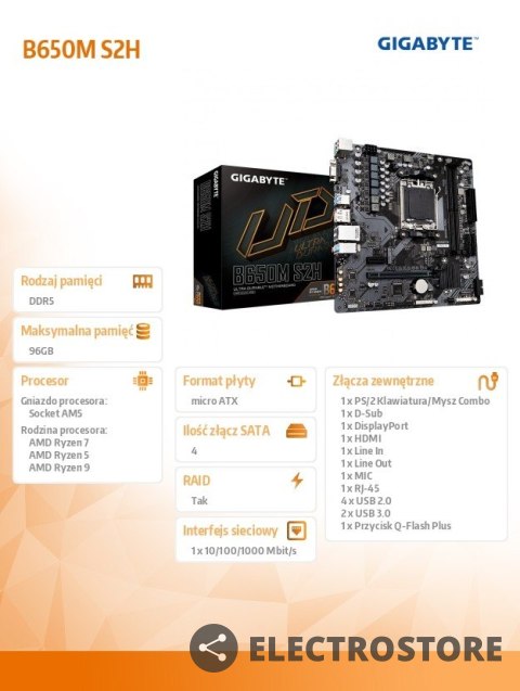 Gigabyte Płyta główna B650M S2H AM5 2DDR5 HDMI/DP M2 m.ATX Gigabyte Płyta główna B650M S2H AM5 2DDR5 HDMI/DP M2 m.ATX