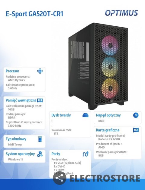 OPTIMUS Komputer E-Sport GA520T-CR1 Ryzen 5 3600/16GB/1TB/RX 6600 8GB/W11 OPTIMUS Komputer E-Sport GA520T-CR1 Ryzen 5 3600/16GB/1TB/RX 6600 8GB/W11