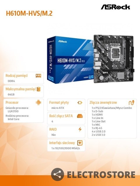 ASRock Płyta główna H610M-HVS/M.2 R2.0 s1700 2DDR4 D-Sub/HDMI mATX ASRock Płyta główna H610M-HVS/M.2 R2.0 s1700 2DDR4 D-Sub/HDMI mATX