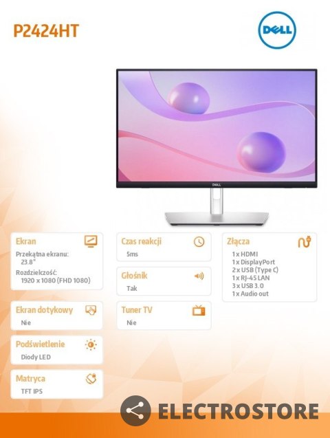 Dell Monitor P2424HT 23.8 cala Dotykowy FHD/16:9/HDMI/DP/USBC/RJ45/3Y Dell Monitor P2424HT 23.8 cala Dotykowy FHD/16:9/HDMI/DP/USBC/RJ45/3Y
