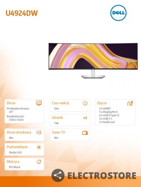 Dell Monitor UltraSharp 49 cali U4924DW LED 5K 32:9 QHD/DP/HDMI/5xUSB Dell Monitor UltraSharp 49 cali U4924DW LED 5K 32:9 QHD/DP/HDMI/5xUSB