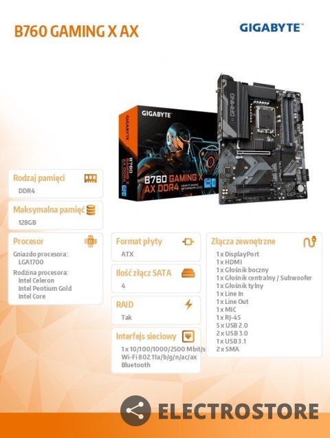 Gigabyte Płyta główna B760 Gaming X AX s1700 4DDR5 DP/HDMI ATX Gigabyte Płyta główna B760 Gaming X AX s1700 4DDR5 DP/HDMI ATX