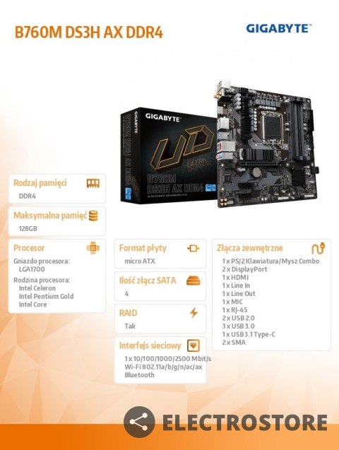 Gigabyte Płyta główna B760M DS3H AX DDR4 s1700 4DDR4 HDMI mATX Gigabyte Płyta główna B760M DS3H AX DDR4 s1700 4DDR4 HDMI mATX