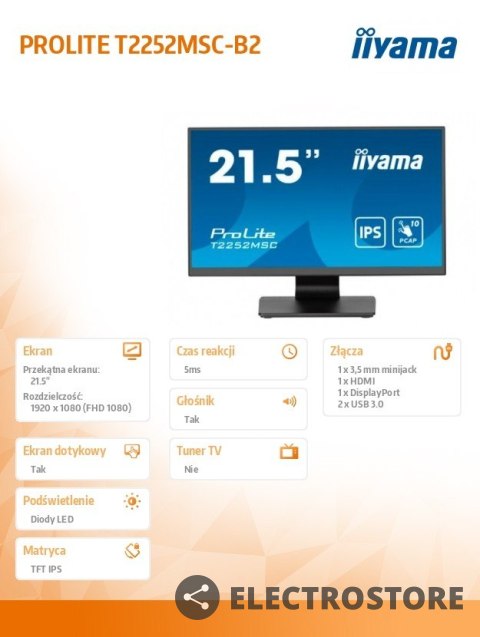 IIYAMA Monitor 22 cale T2252MSC-B2 10 PKT. POJ,IPS,HDMI,DP,2x1W,7H IIYAMA Monitor 22 cale T2252MSC-B2 10 PKT. POJ,IPS,HDMI,DP,2x1W,7H