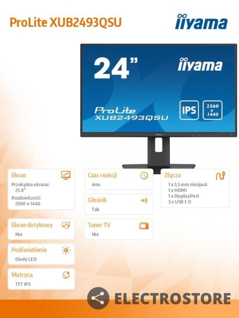 IIYAMA Monitor 23.8 cala XUB2493QSU-B5 IPS,QHD,HDMI,DP,HAS(150mm),2x2W,USB3.0 IIYAMA Monitor 23.8 cala XUB2493QSU-B5 IPS,QHD,HDMI,DP,HAS(150mm),2x2W,USB3.0