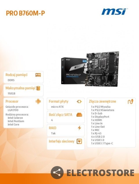 MSI Płyta główna PRO B760M-P s1700 4DDR5 DP/HDMI 2M.2 mATX MSI Płyta główna PRO B760M-P s1700 4DDR5 DP/HDMI 2M.2 mATX