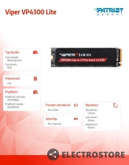 Patriot Dysk SSD 1TB Viper VP4300 Lite 7400/6400 M.2 PCIe Gen4x4 NVMe 2.0 PS5