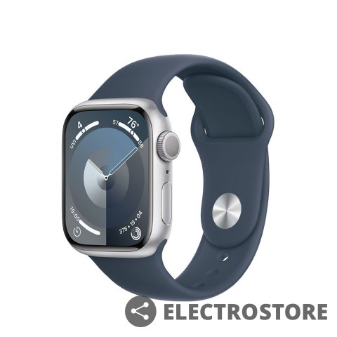 Apple Watch Series 9 GPS, 41mm Koperta z aluminium w kolorze srebrnym z paskiem sportowy w kolorze sztormowego błękitu - S/M