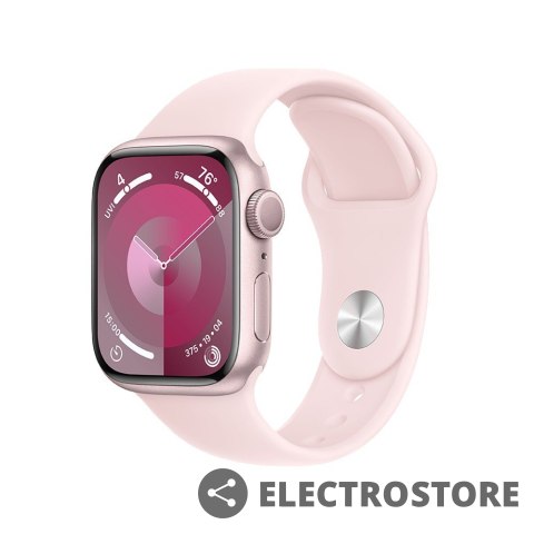 Apple Watch Series 9 GPS, 45mm Koperta z aluminium w kolorze różowym z paskiem sportowy w kolorze jasnoróżowym - S/M