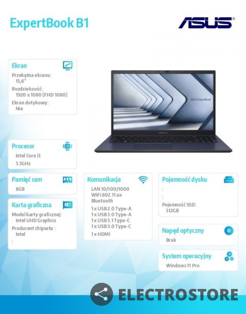 Asus Notebook ExpertBook B1502CBA-BQ0148X i3-1215U/8GB/512GB/Zintegrowana/15.6/Windows 11 PRO/gwar. 36 miesięcy ON-SITE NBD Asus Notebook ExpertBook B1502CBA-BQ0148X i3-1215U/8GB/512GB/Zintegrowana/15.6/Windows 11 PRO/gwar. 36 miesięcy ON-SITE NBD