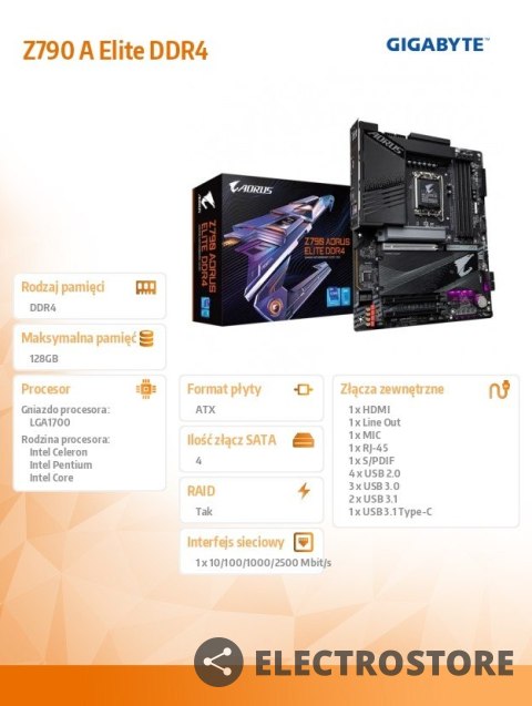 Gigabyte Płyta główna Z790 AORUS ELITE DDR4 S1700 4DDR4 USB/M.2 ATX Gigabyte Płyta główna Z790 AORUS ELITE DDR4 S1700 4DDR4 USB/M.2 ATX