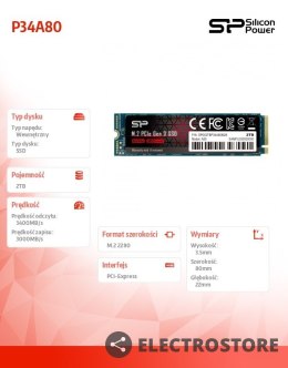 Silicon Power Dysk SSD A80 2TB M.2 PCIe 3400/3000 MB/s NVMe